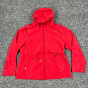 Polydeer Womens Hooded Rain Jacket Size Large Red Full Zip Drawstring Utility